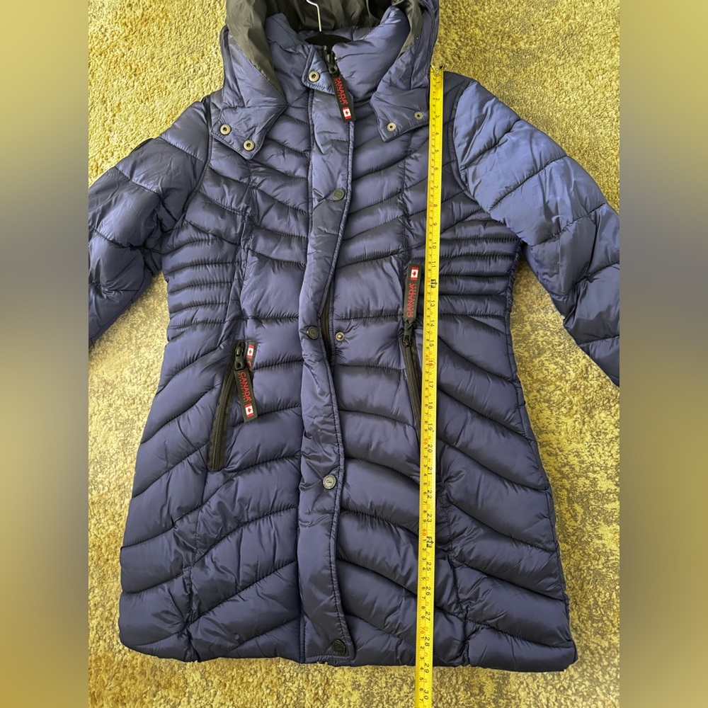 Canada Weathergear Blue Hooded Collared Long Puffer Jacket Full Zip Button S - Picture 7 of 10